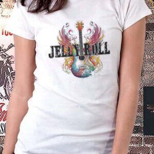 Jelly Roll Rapper White Graphic Tee, Colorful Winged Guitar, Bella Canvas, small